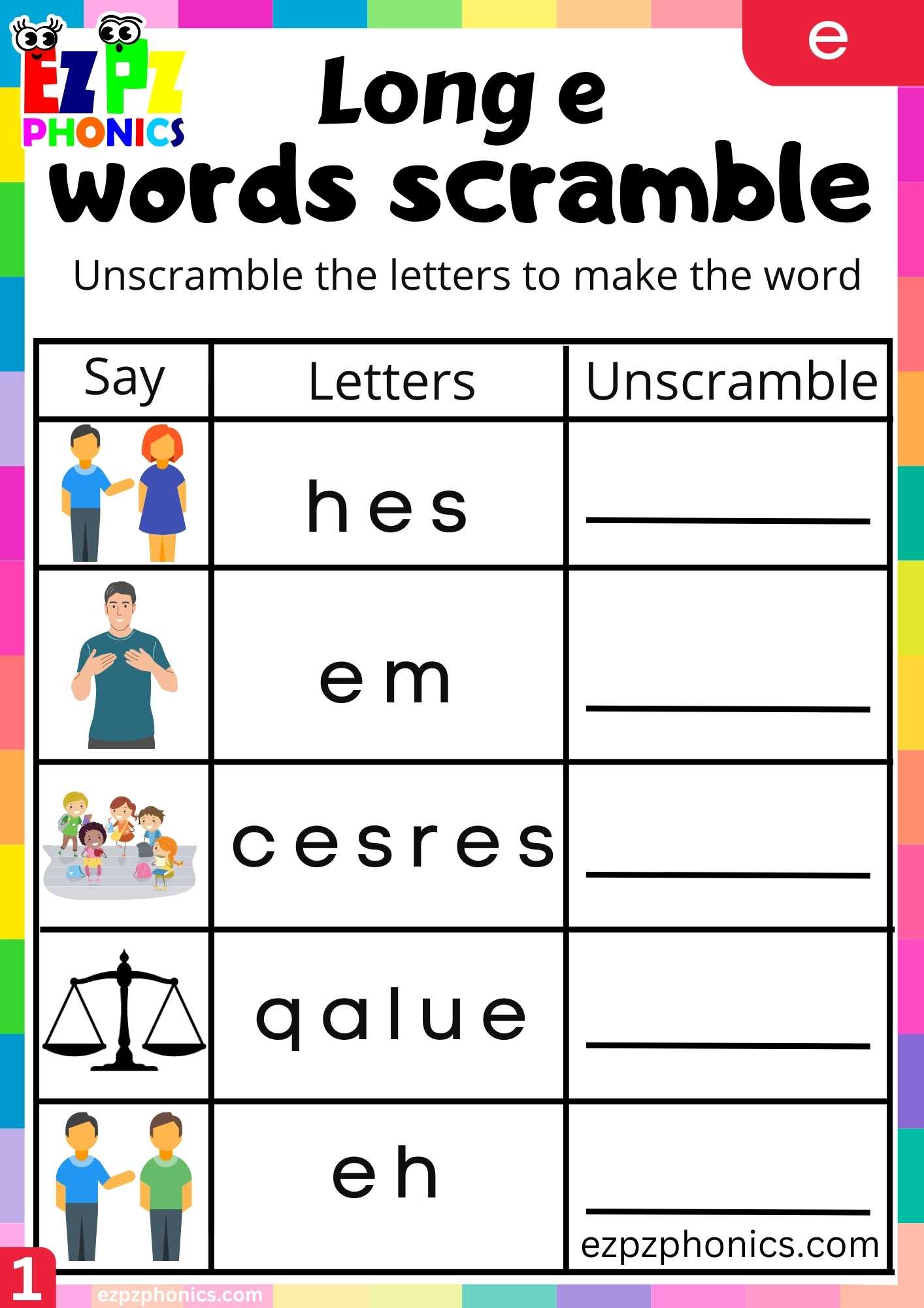 E Words Words Scramble Long E Phonics Worksheet